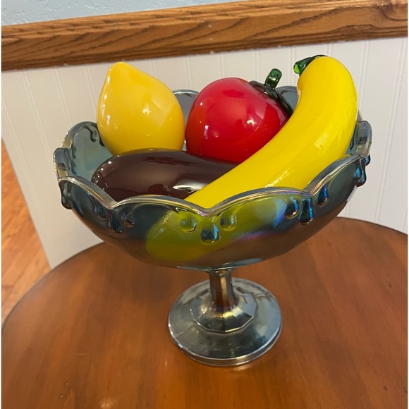 Vintage Indiana Glass Blue Carnival Compote Centerpiece Bowl & Glass Fruit - Picture 11 of 12